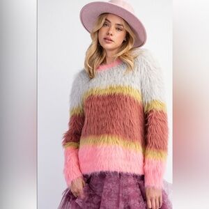 Fuzzy Striped Multi-Color Sweater - Women's